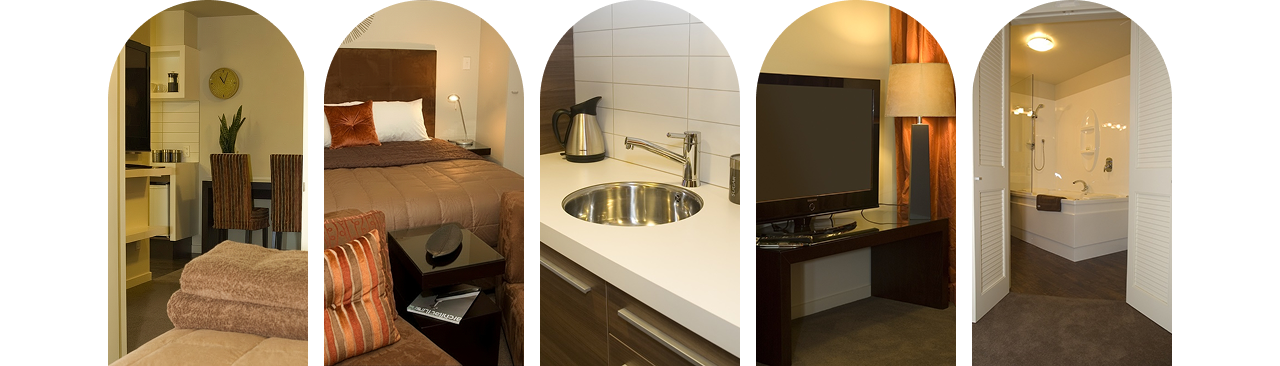Interior views of Terra Vive studios — dining, bedroom, kitchen, living, and bathroom spaces.